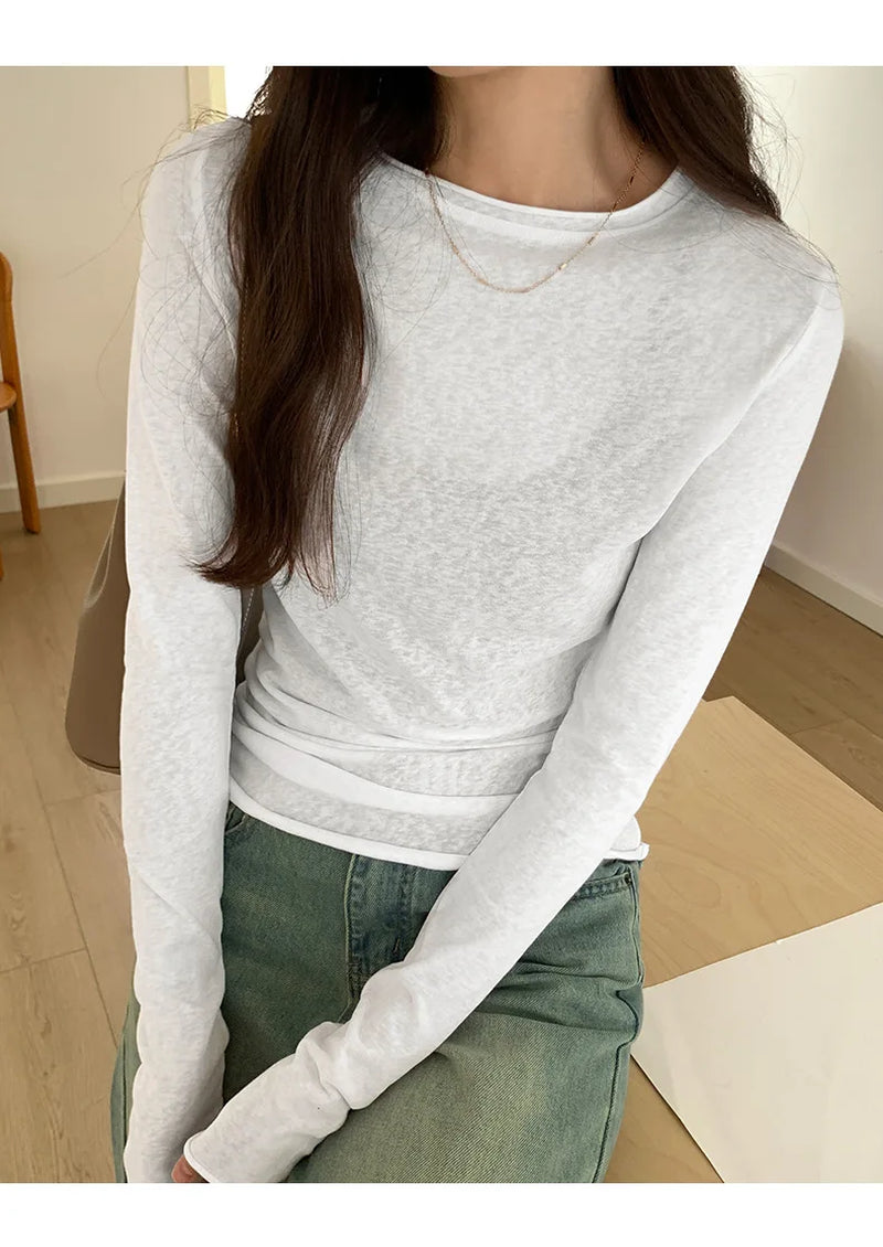 Spring Autumn T Shirt Women Tops Solid Slim Fit Long Sleeve O Neck Tshirts Female Casual Streetwear High Quality Base Tees
