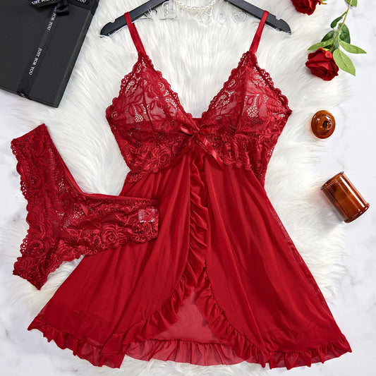 Summer Sexy Lingerie Dress Women Lace See through Nightdress Sleepwear Solid Slim Soft V Neck Full Slip Sleepwear & Dresses