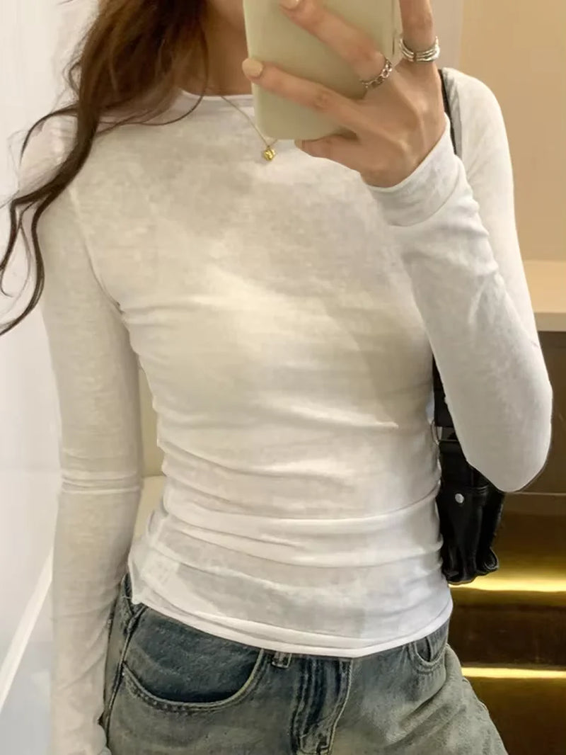 Spring Autumn T Shirt Women Tops Solid Slim Fit Long Sleeve O Neck Tshirts Female Casual Streetwear High Quality Base Tees