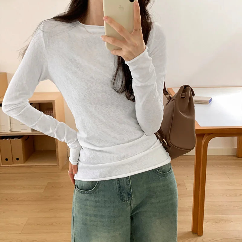Spring Autumn T Shirt Women Tops Solid Slim Fit Long Sleeve O Neck Tshirts Female Casual Streetwear High Quality Base Tees