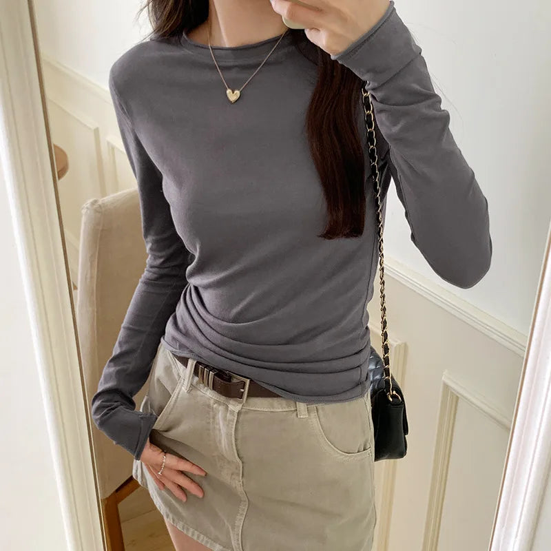 Spring Autumn T Shirt Women Tops Solid Slim Fit Long Sleeve O Neck Tshirts Female Casual Streetwear High Quality Base Tees