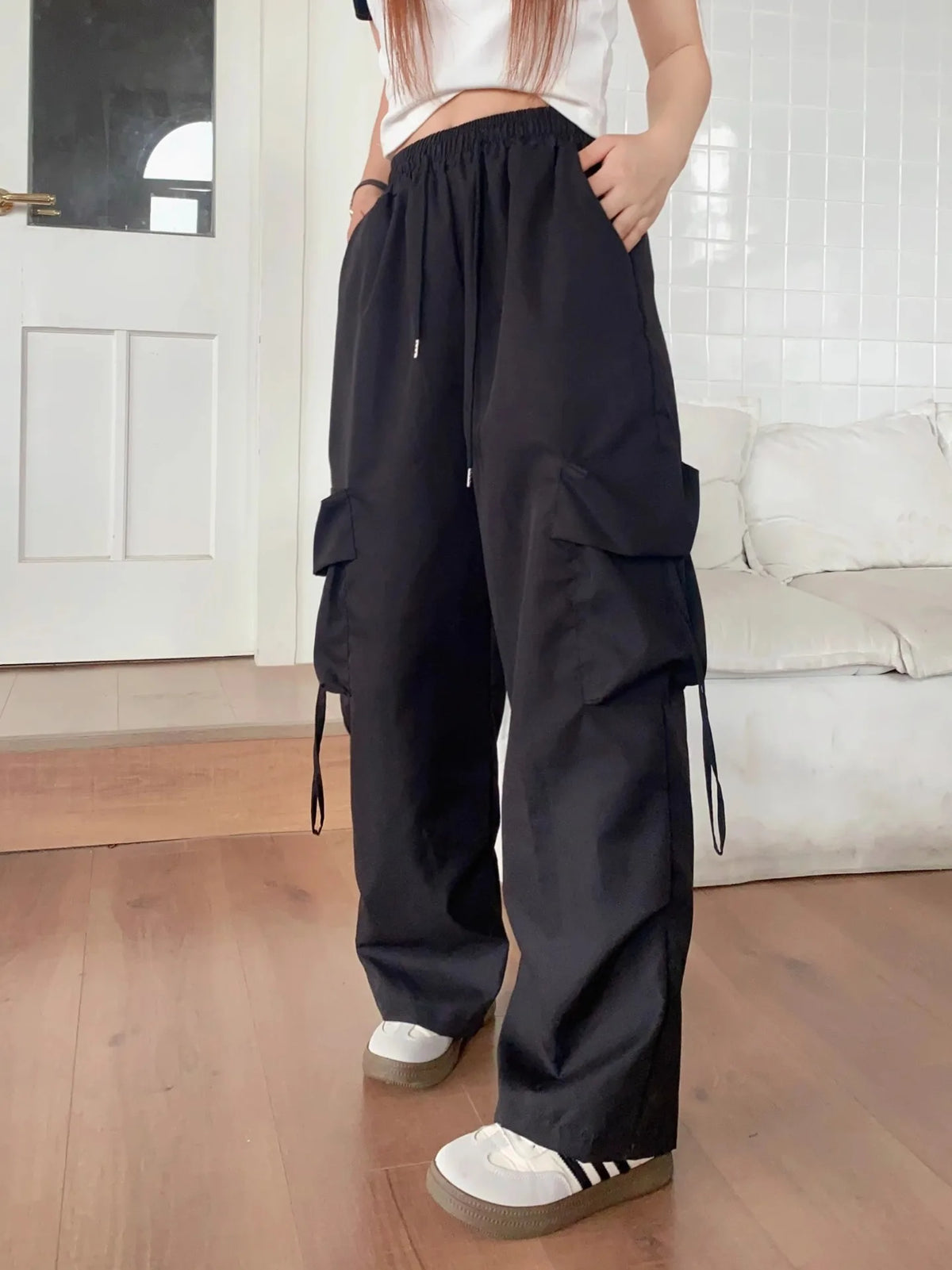 Oversized Pocket High Street Pant Black Vintage High Waist Women'S Pants Fashion Retro Casual Streetwear Loose Jogger Trousers